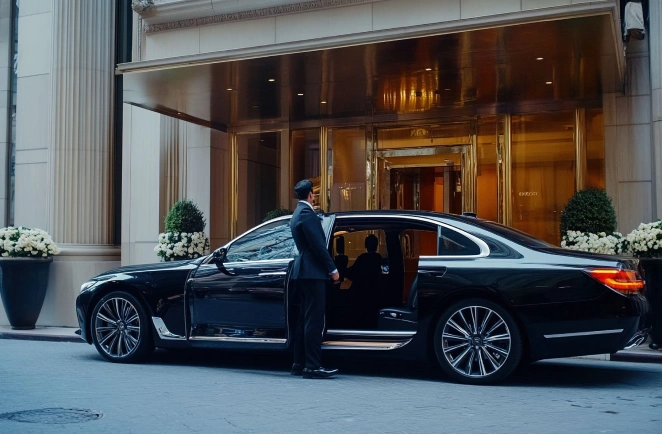 A chauffeur is waiting outside a hotel in Mayfair for the client to come. He is holding the door for the client.