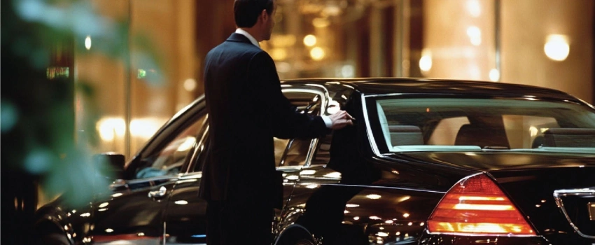 a chauffeur in suit is waiting outside a Mayfair hotel for the passengers to arrive.