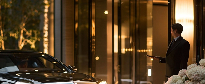 a luxury chauffeured car is waiting outside a Mayfair hotel for the passengers when a hotel staff is looking by.