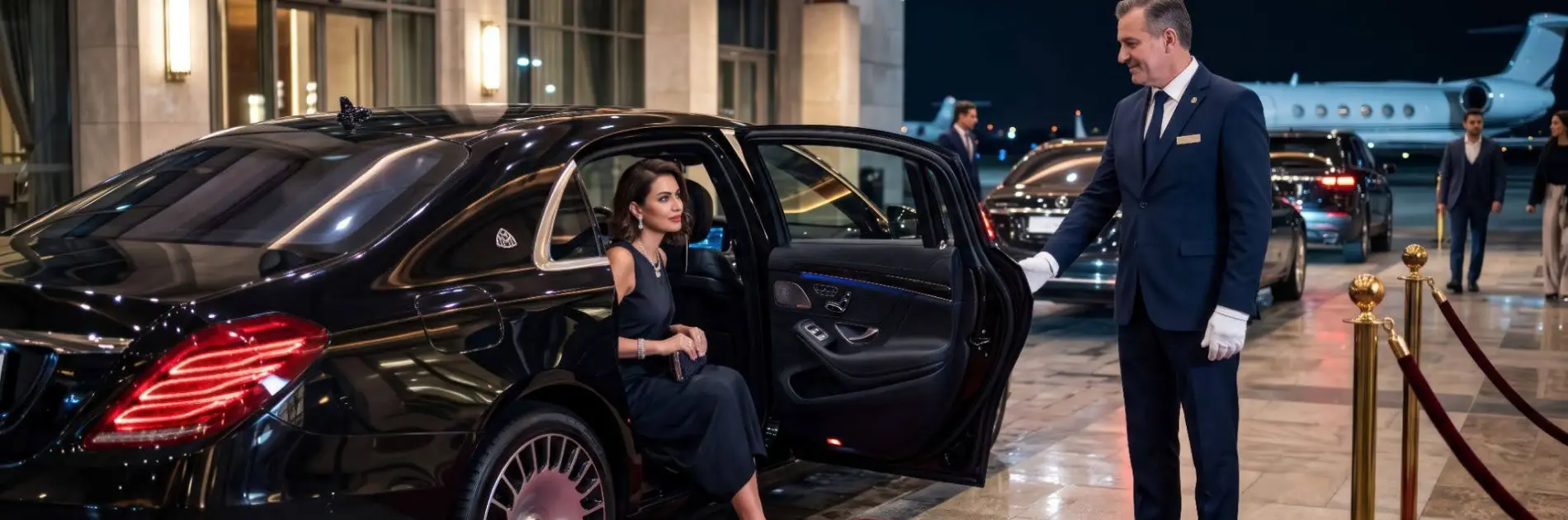 A guest is appearing for an event. She is stepping on the red carpet and the chauffeur is welcoming her with a warm smile.
