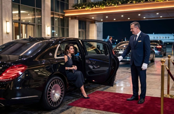A guest is appearing for an event. She is stepping on the red carpet and the chauffeur is welcoming her with a warm smile.