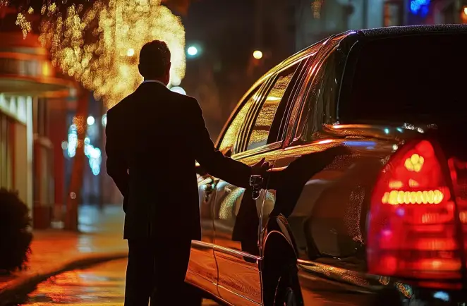 A chauffeur is waiting outside a hotel in Mayfair for the client to come. He is holding the door for the client.