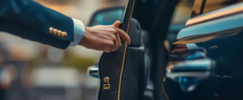 A chauffeur is opening the door for the passenger.