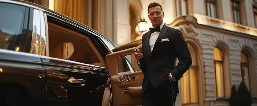 A chauffeur in suit waiting for the passenger to come. He is holding the door for the passenger.