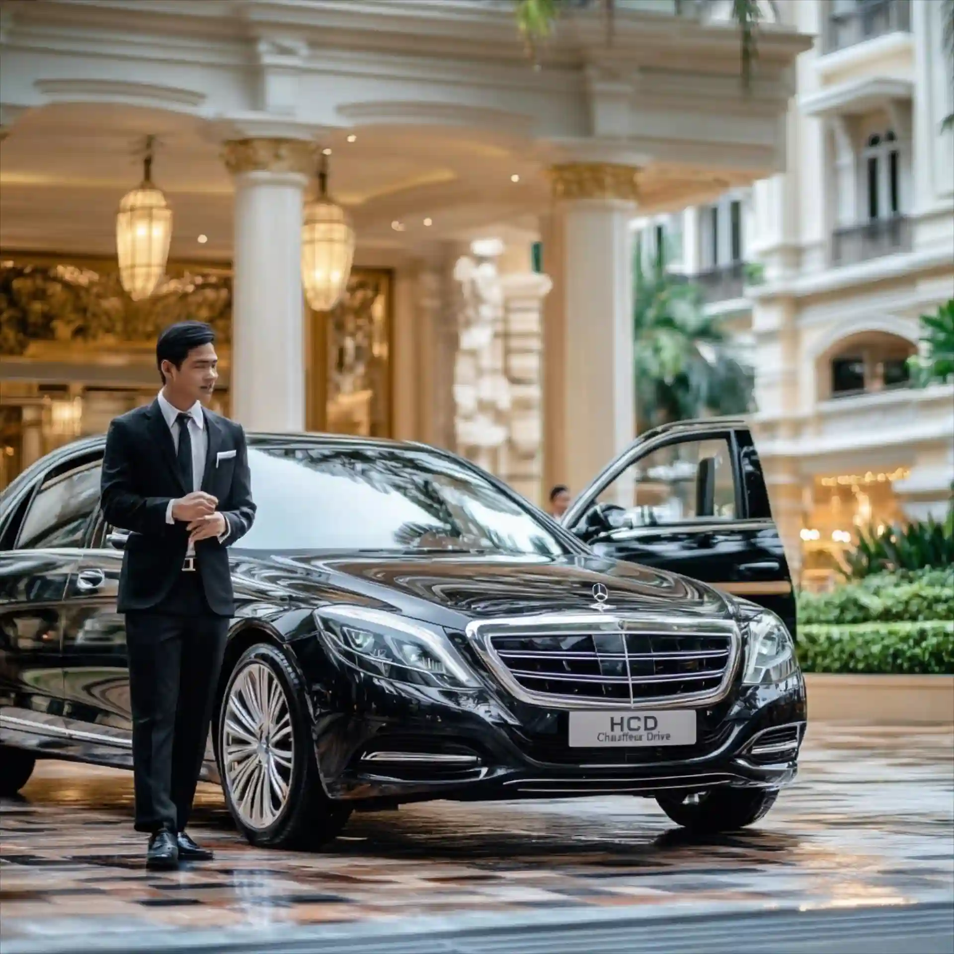 Professional chauffeur standing beside a luxury black sedan outside an upscale hotel entrance