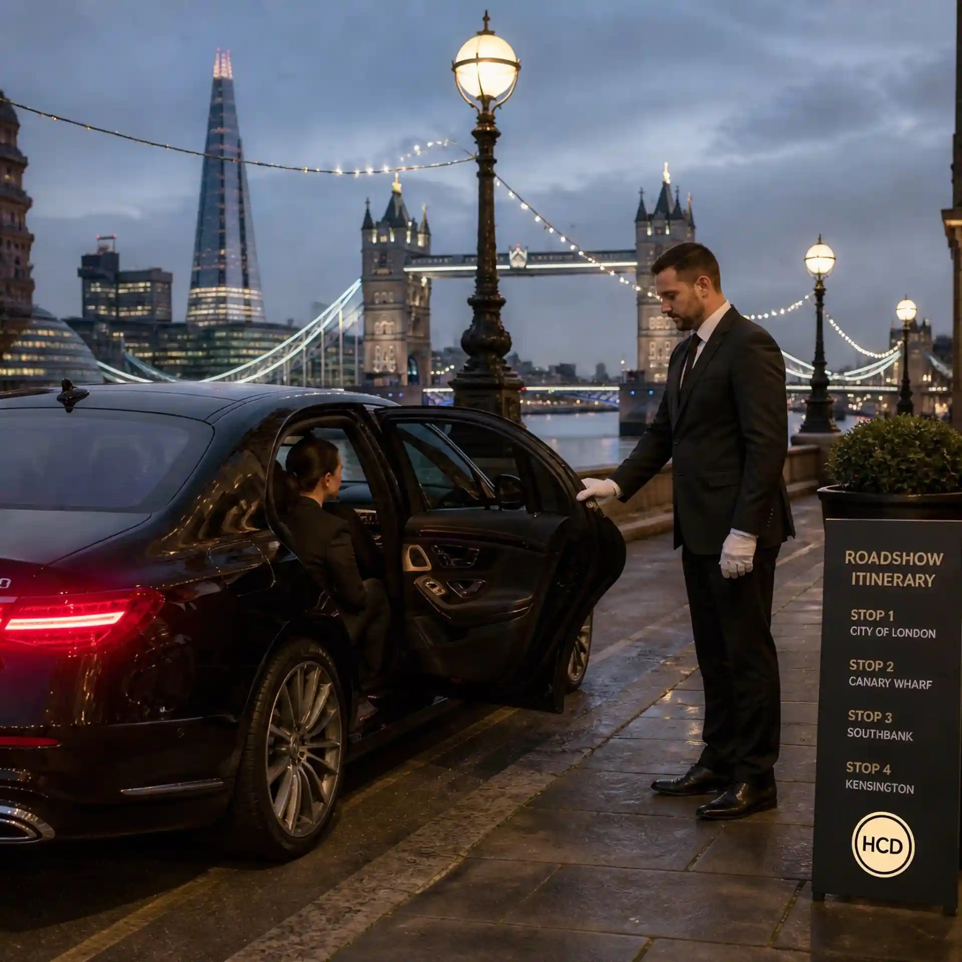 Luxury chauffeur welcoming a passenger outside a premium sedan with London's Tower Bridge in the background
