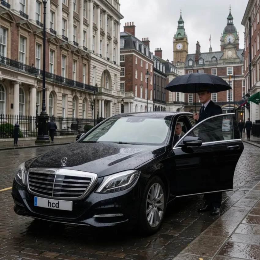 Professional chauffeur assisting a passenger with a luxury sedan on a rainy city street