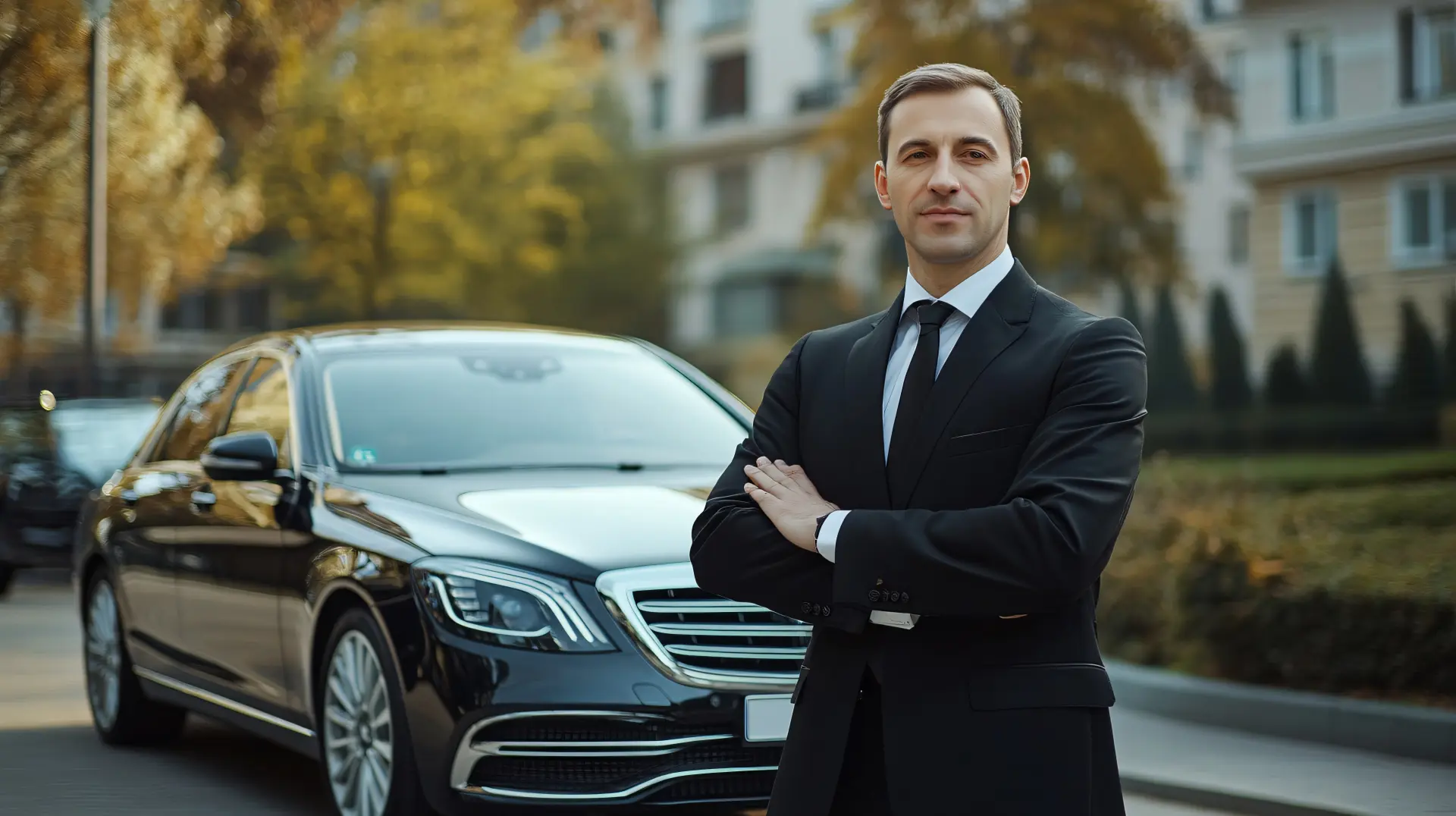 Professional chauffeur standing confidently beside a luxury black sedan in an elegant outdoor setting