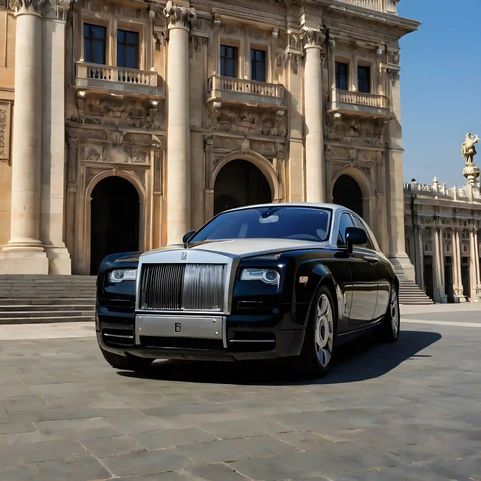 Luxury Rolls-Royce chauffeur car parked outside a grand historic building for premium executive transportation