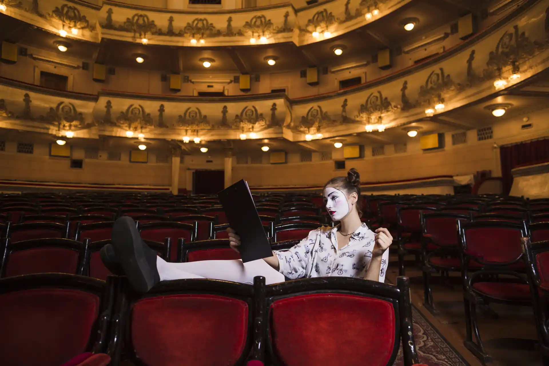 Woman using a laptop while sitting in a theater auditorium before a performance