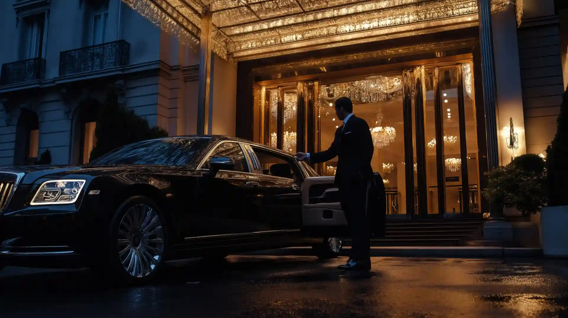 Luxury chauffeur opening the door of an executive car outside an upscale hotel at night
